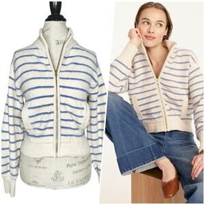 J. Crew | Women | Cream Blue Stripe Boucle Cotton Blend Zip Up Sweater | Size XS